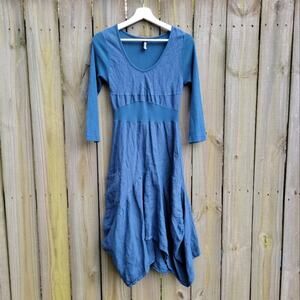 Inizio Italy Linen Lagenlook Drapey 3/4 sleeve Dress in Teal Medium